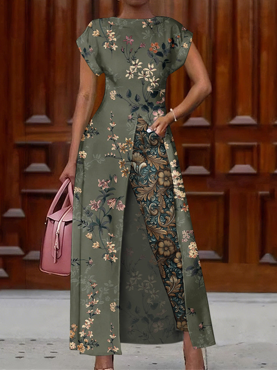 Retro Boho Floral Art Print Vintage Long Split Shirts Dress Skinny Pants Two-Piece Set