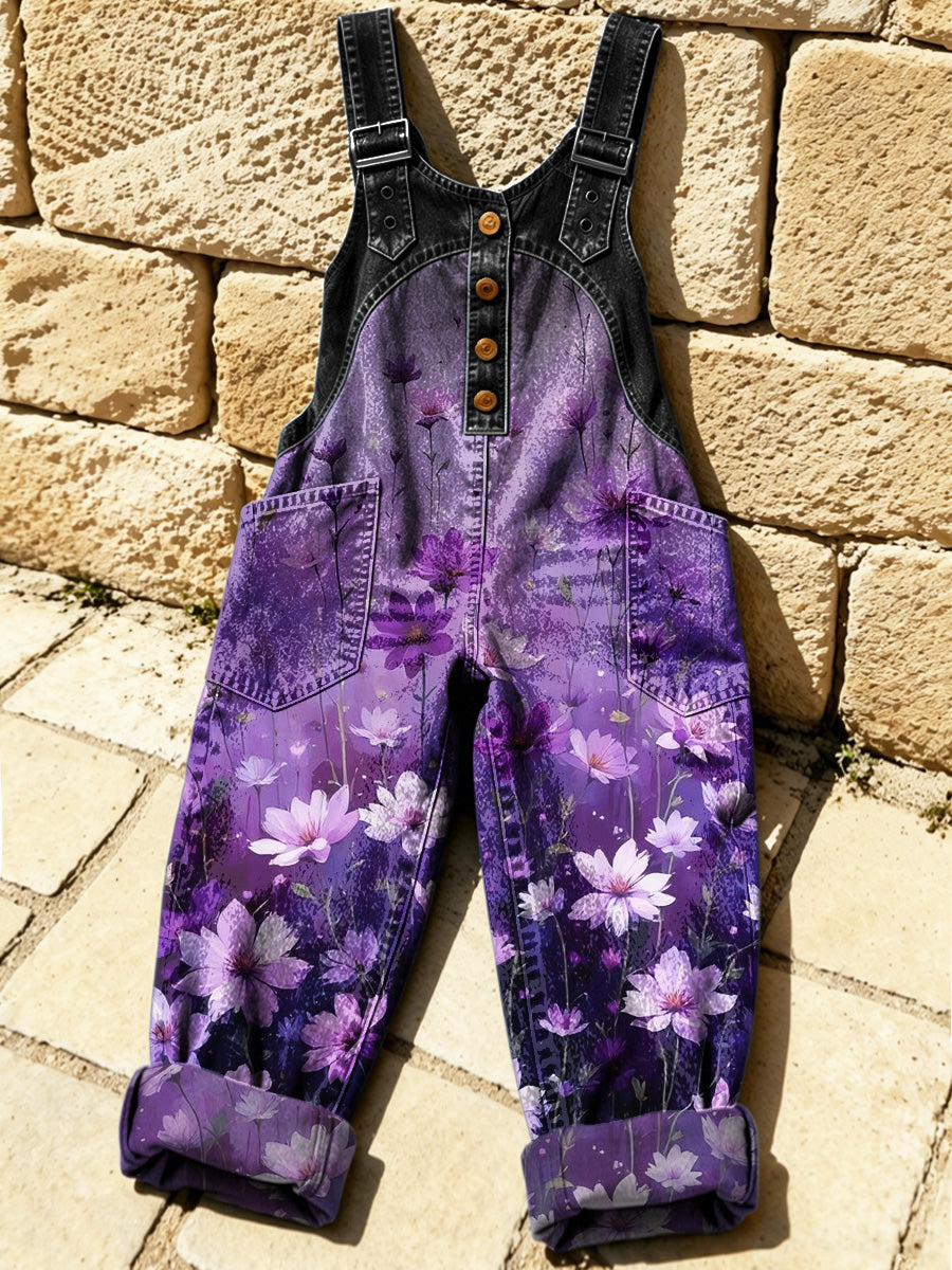 Women's Retro Floral Color-Blocked Art Print Washed Cotton Denim Patchwork Jumpsuit