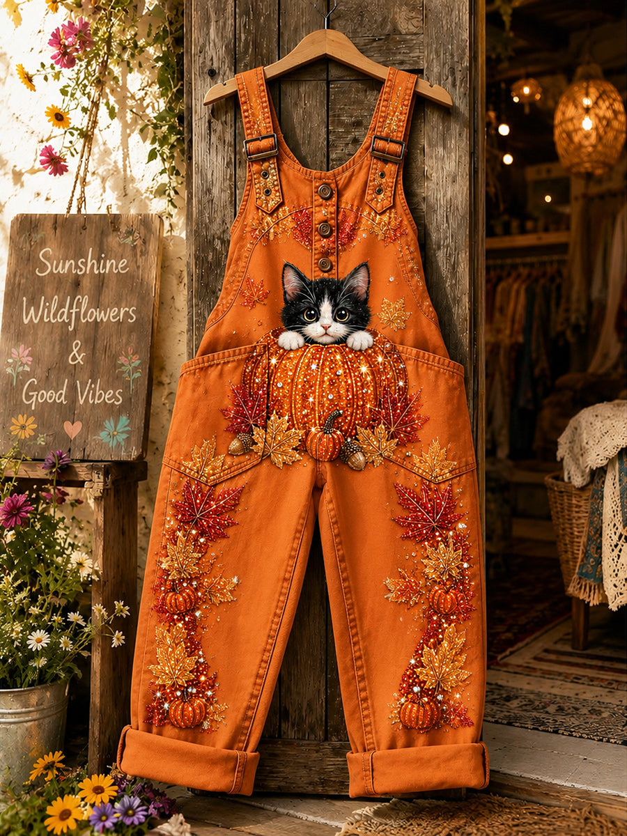 Women's Retro Style Art Print Washed Cotton Denim Patchwork Jumpsuit