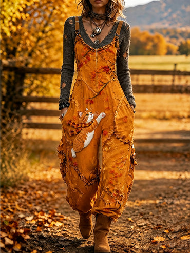 Women's Retro Autumn Style Art Print Washed Cotton Denim Patchwork Jumpsuit