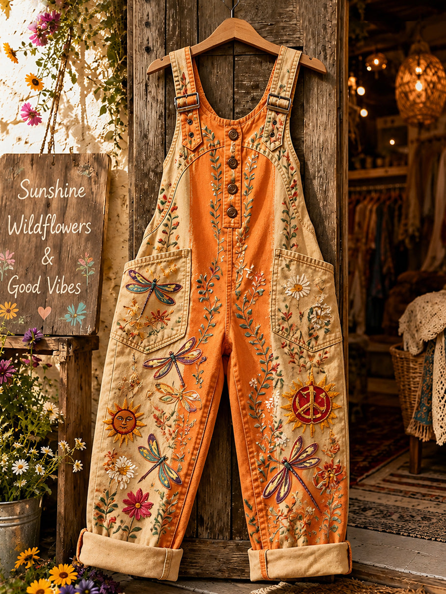 Women's Retro Style Art Print Washed Cotton Denim Patchwork Jumpsuit
