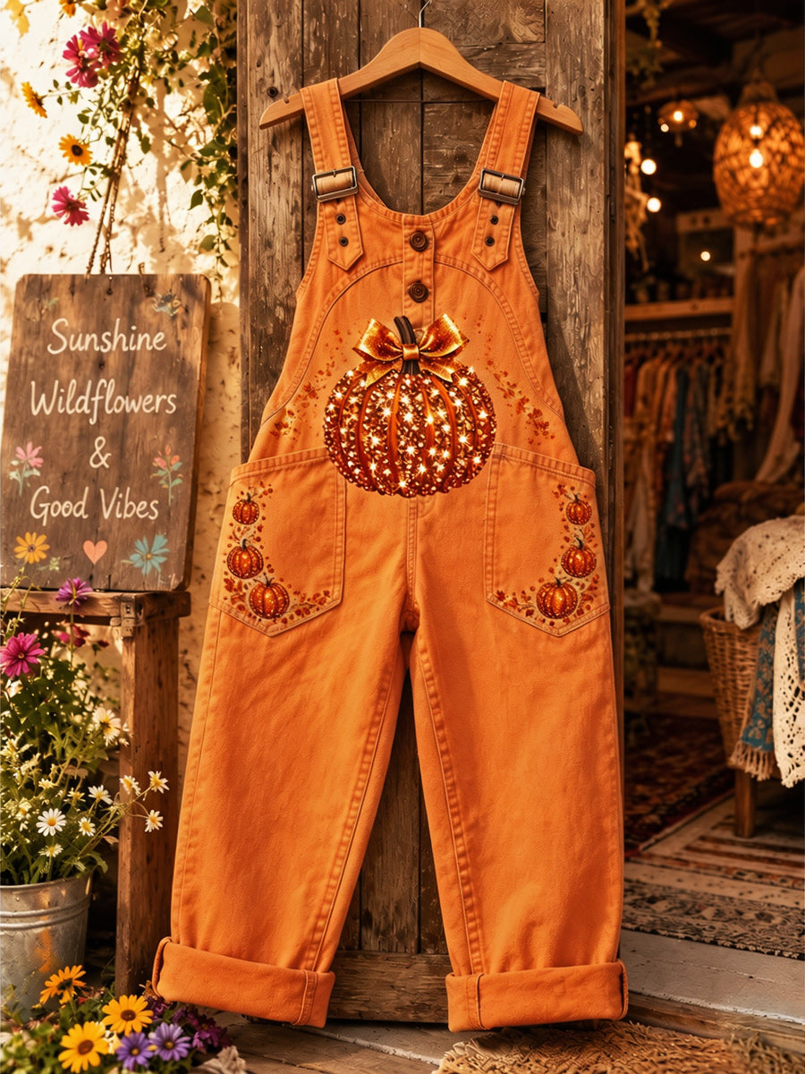 Women's Retro Style Art Print Washed Cotton Denim Patchwork Jumpsuit