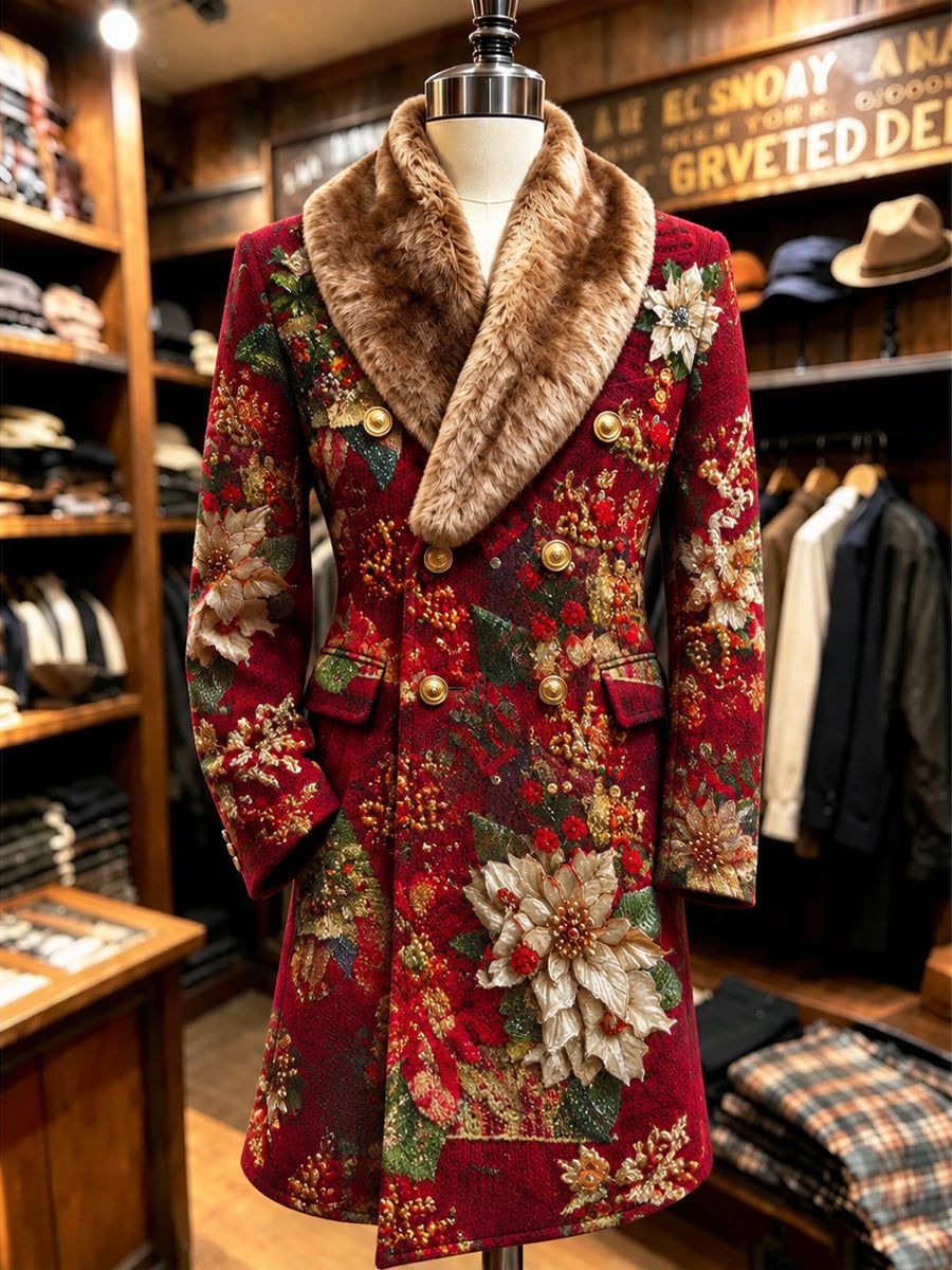 Men's Christmas Art Print Fur Shawl Collar Double Breasted Long Overcoat