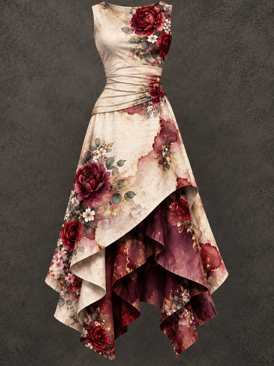 Retro Art Printed Vintage Sleeveless Irregularly Layered Stitched Midi Dress