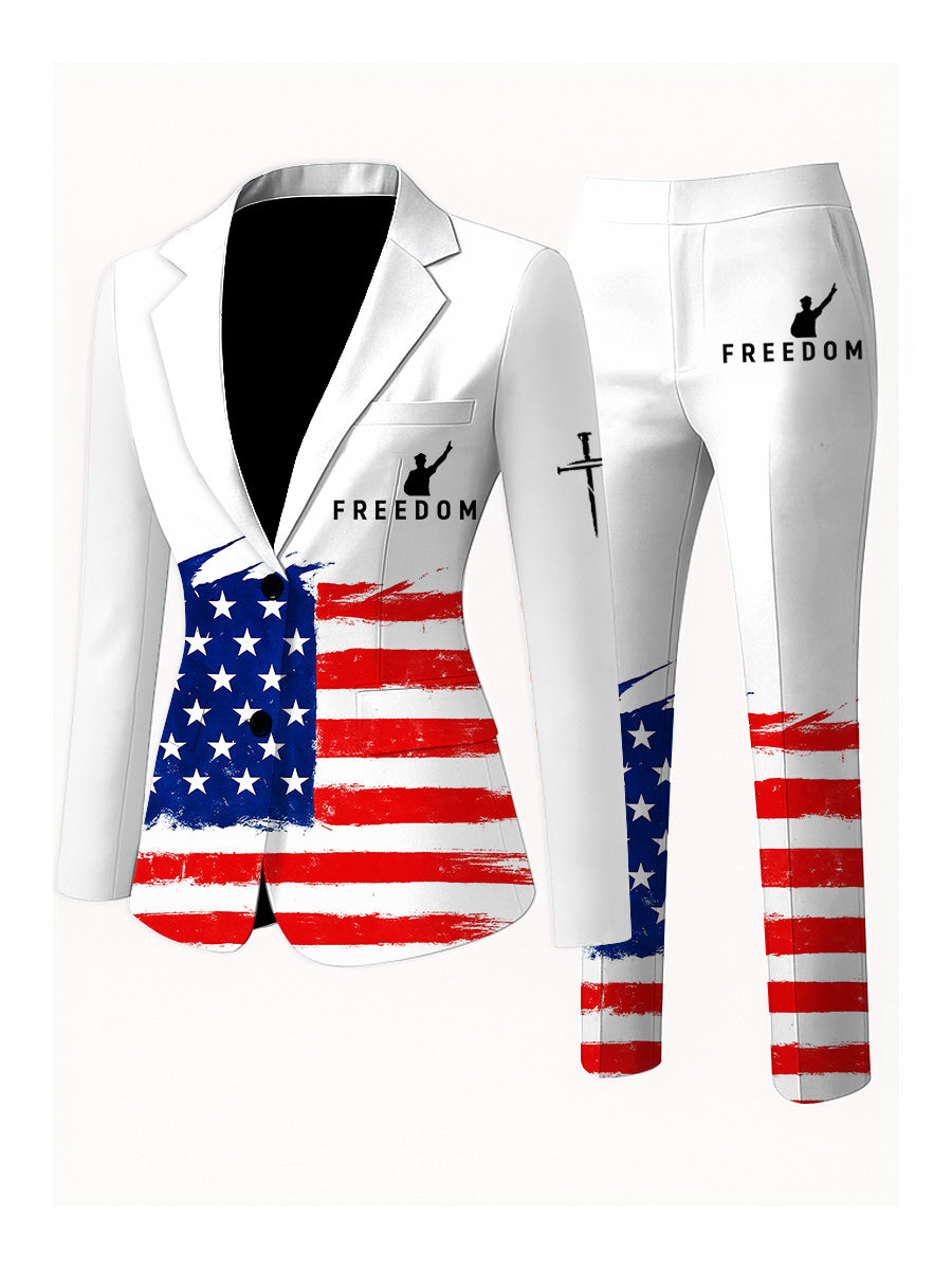 Women's Freedom American Flag Print Casual Blazer Trousers Two-Piece Suits