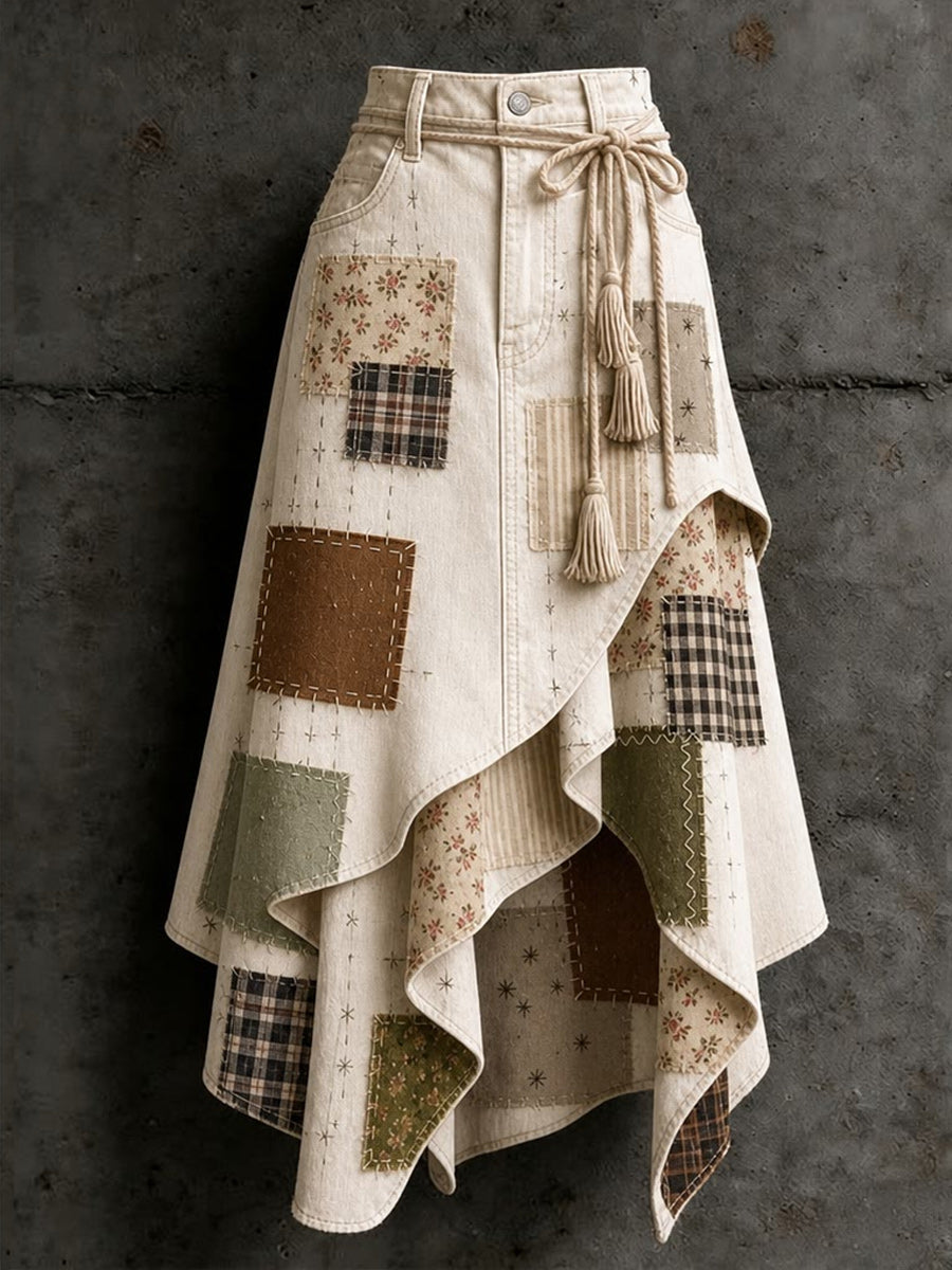 Women's Retro Style Art Print Irregularly Layered Stitched Skirt