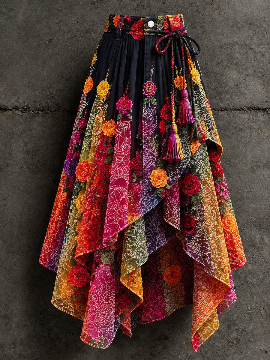 Women's Retro Style Art Print Irregularly Layered Stitched Skirt