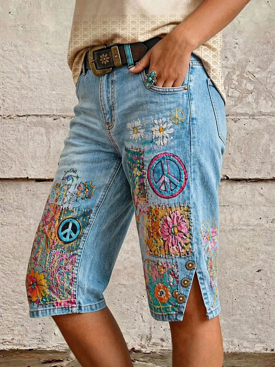 Vintage Floral Print Casual Denim Shorts