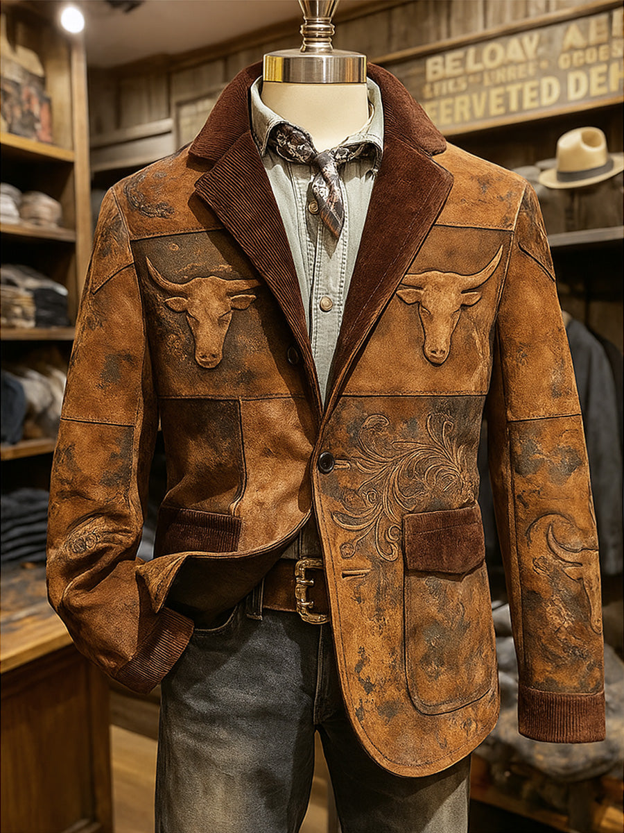 Men's Retro Western Art Print Casual Pocket Blazers