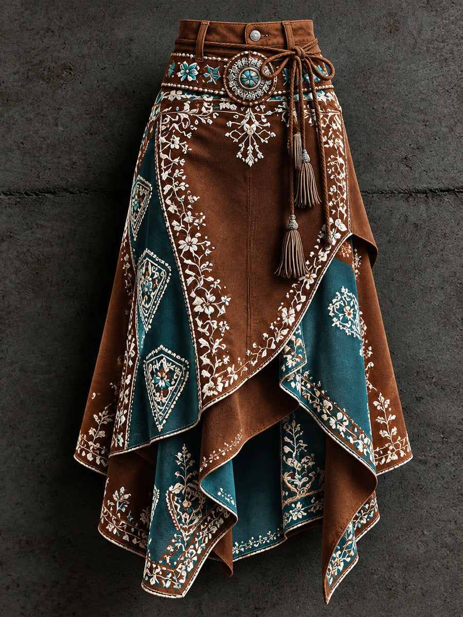 Women's Retro Style Art Print Irregularly Layered Stitched Skirt