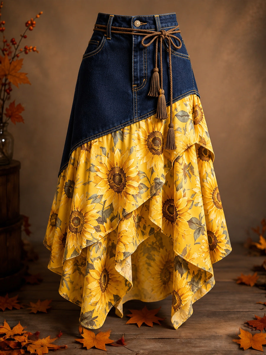Women's Retro Style Art Print Irregularly Layered Stitched Skirt