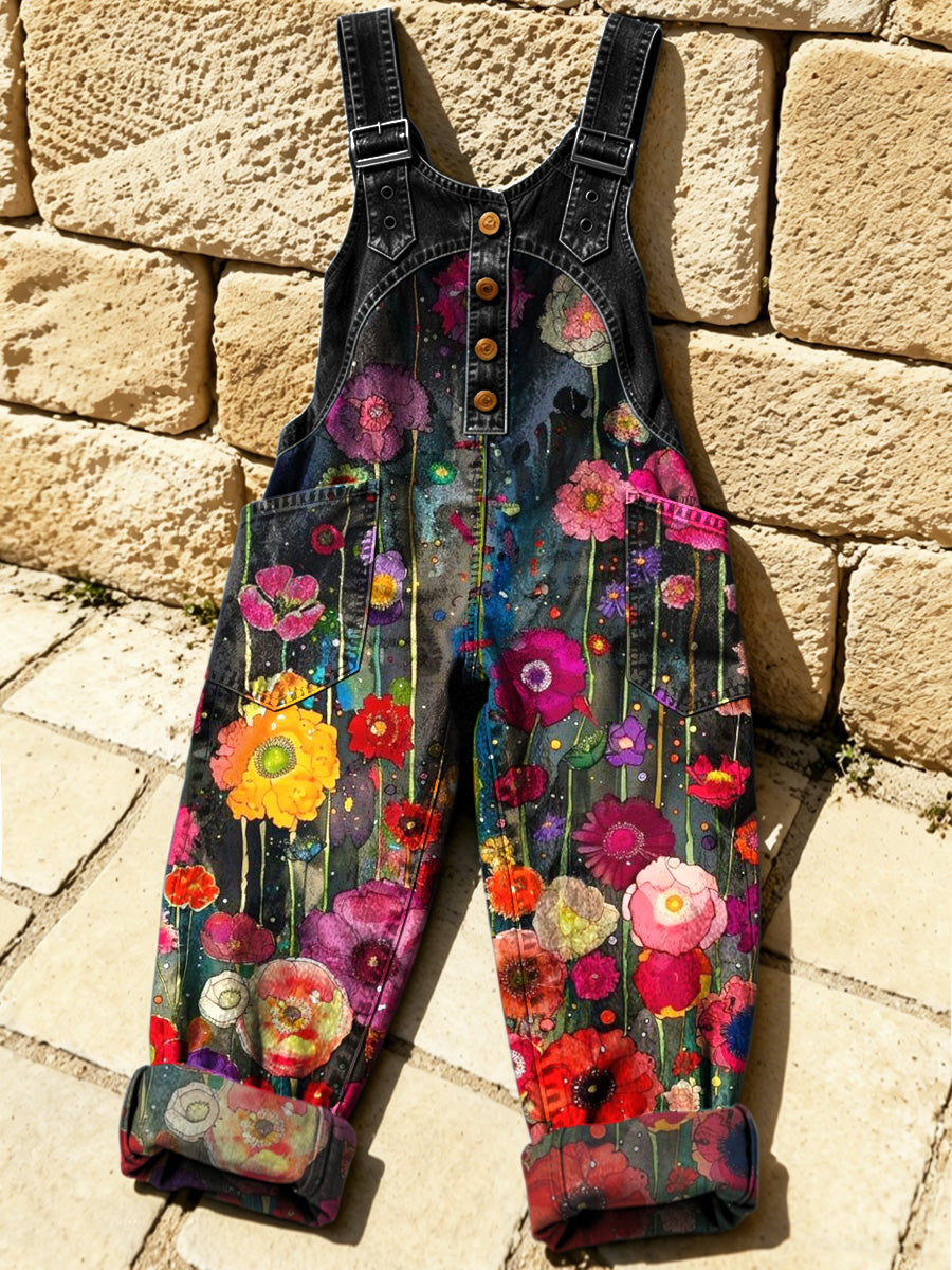 Women's Retro Floral Color-Blocked Art Print Washed Cotton Denim Patchwork Jumpsuit