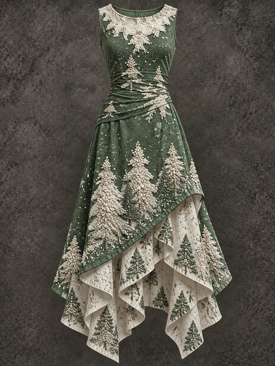 Retro Art Printed Vintage Sleeveless Irregularly Layered Stitched Midi Dress