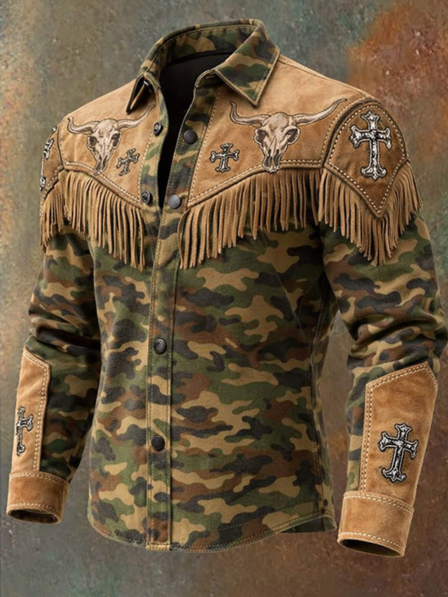 Men's Retro Western Style Art Print Vintage Tassel Casual Long Sleeve Shirt