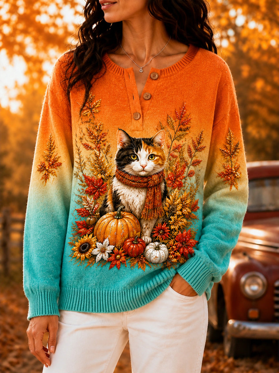 Women's Retro Autumn Art Print Knit Sweater
