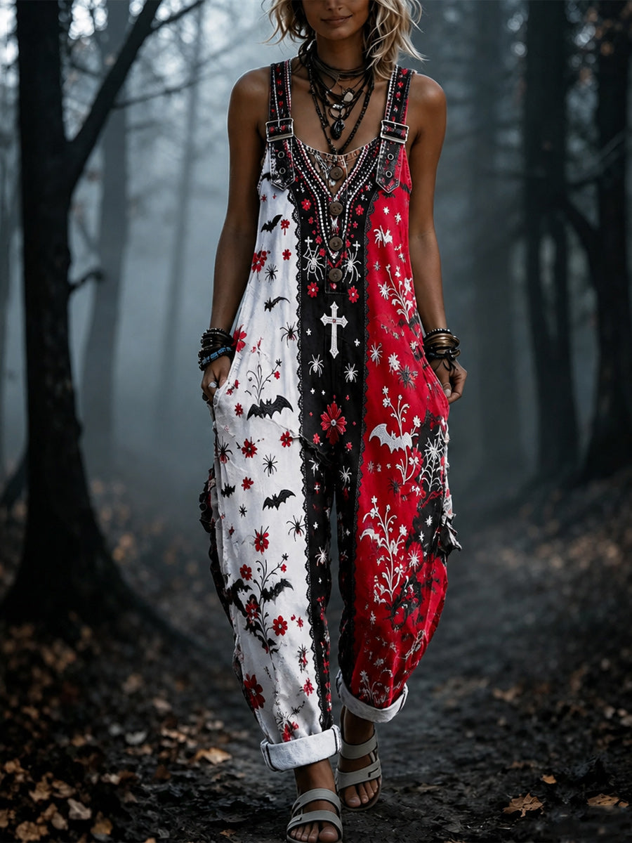 Women's Retro Autumn Style Art Print Washed Cotton Denim Patchwork Jumpsuit