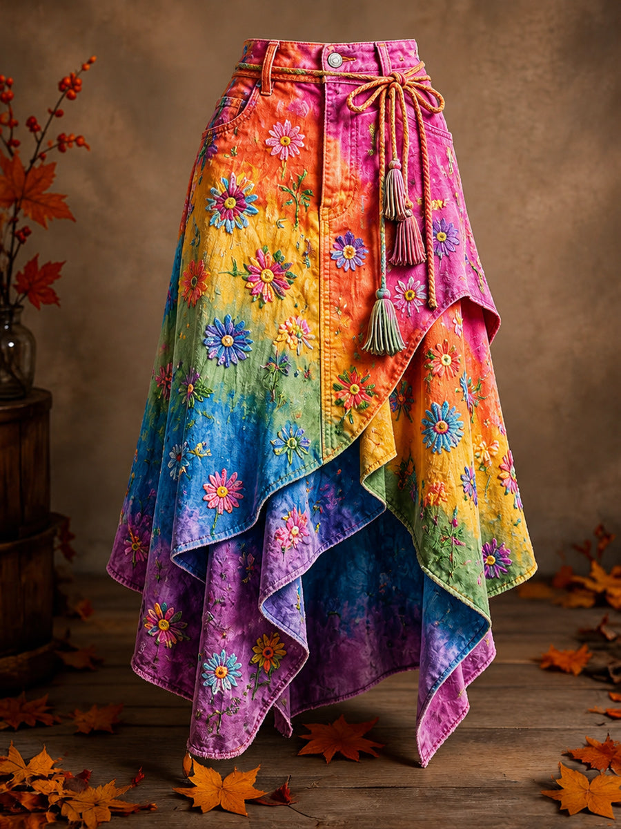 Women's Retro Style Art Print Irregularly Layered Stitched Skirt