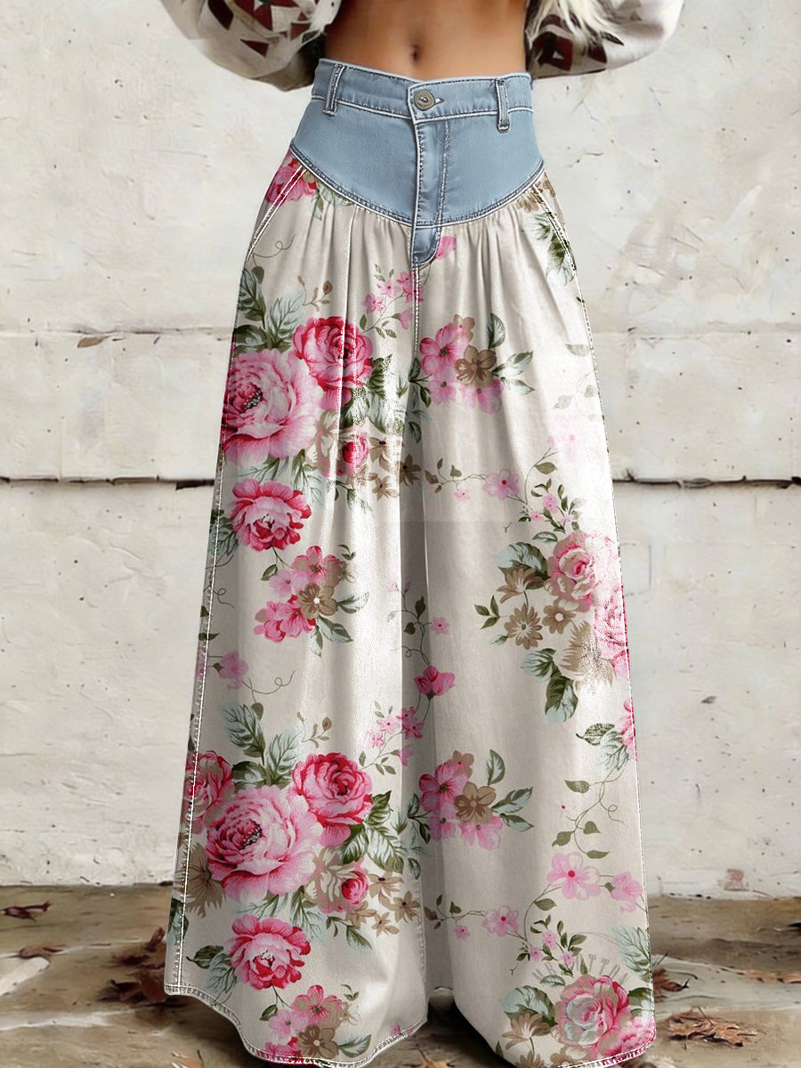 Women's Retro Floral Color-Blocked Art Print Casual Style Wide Leg Pants