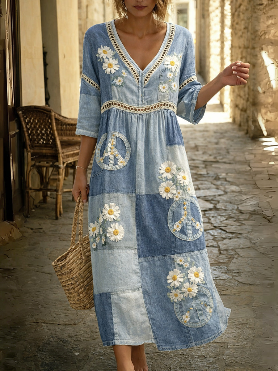 Women's Hippy Floral Art Print Washed Cotton Lace Patchwork Midi Dress