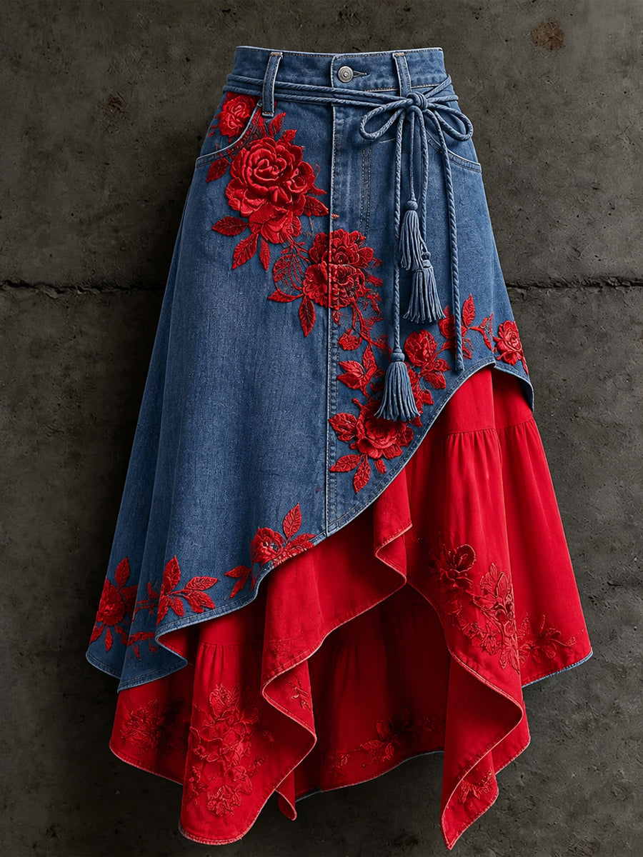 Women's Retro Style Art Print Irregularly Layered Stitched Skirt
