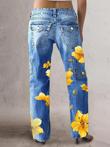 Women's Retro Style Art Print Casual Pocket Button Wide Leg Pants