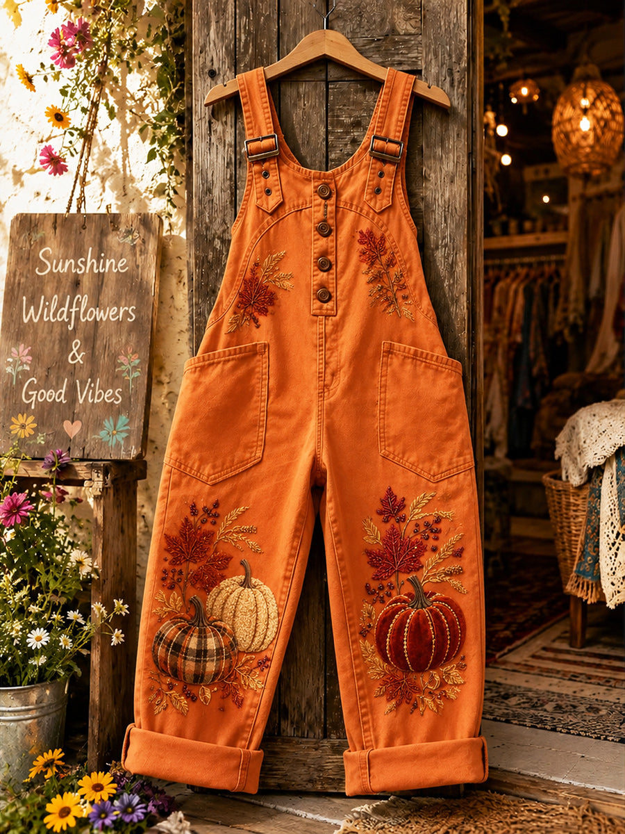 Women's Retro Style Art Print Washed Cotton Denim Patchwork Jumpsuit