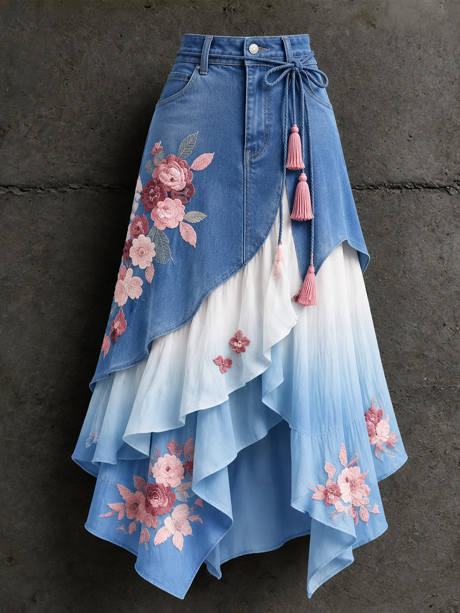 Women's Retro Style Art Print Irregularly Layered Stitched Skirt