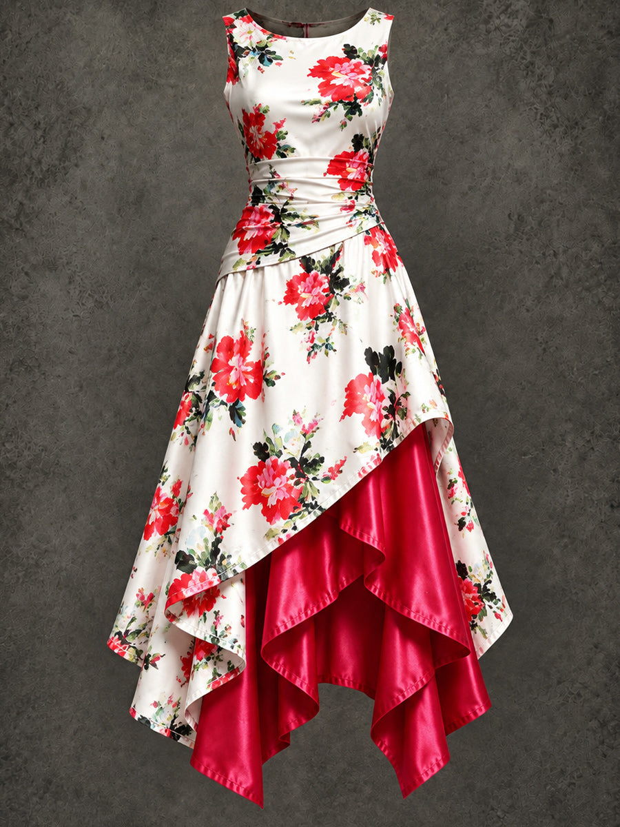 Retro Art Printed Vintage Sleeveless Irregularly Layered Stitched Midi Dress