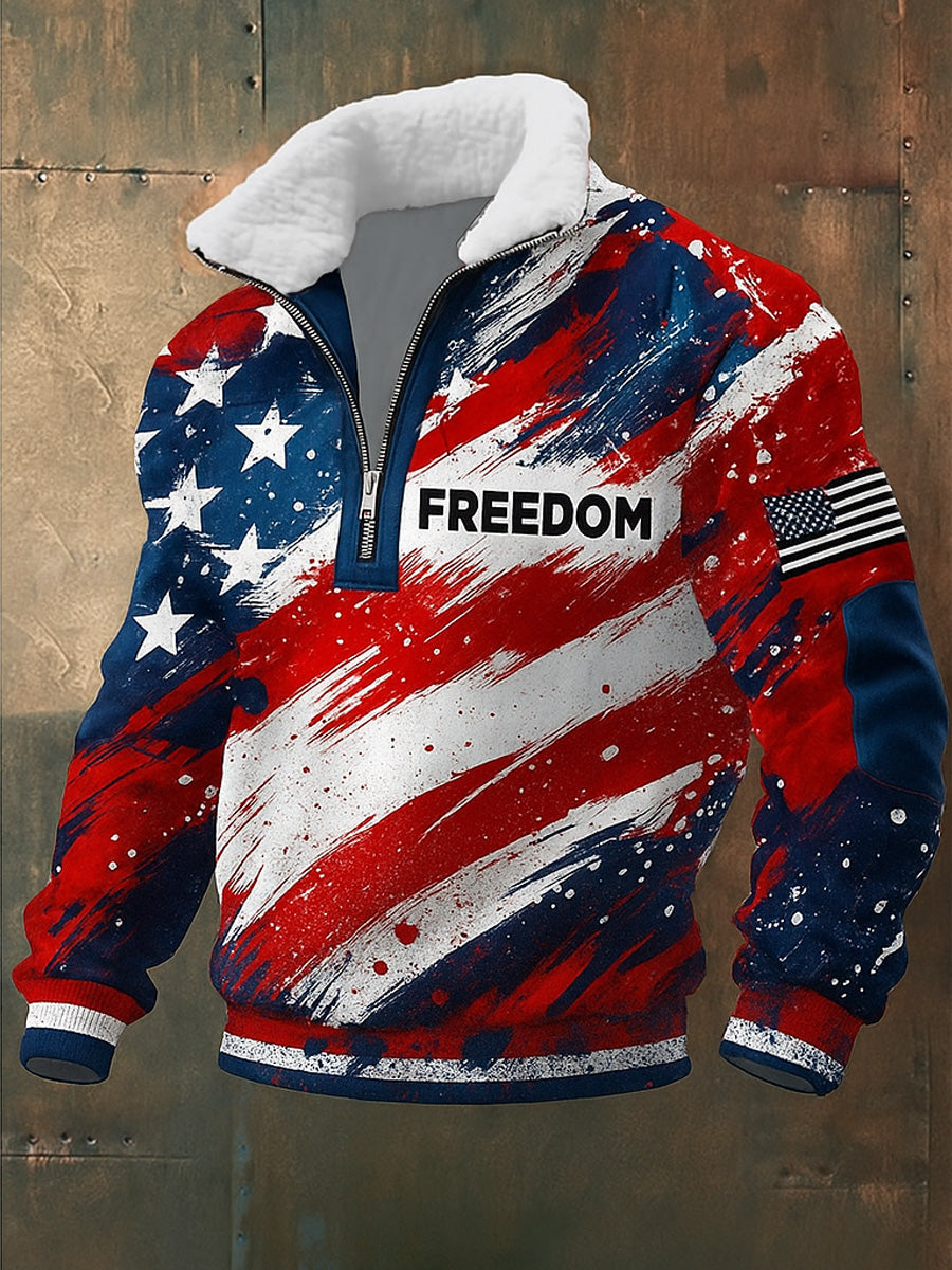 Men's Freedom American Flag Printed Jacquard Fabric Zipper Fur Collar Long Sleeve Sweatshirt