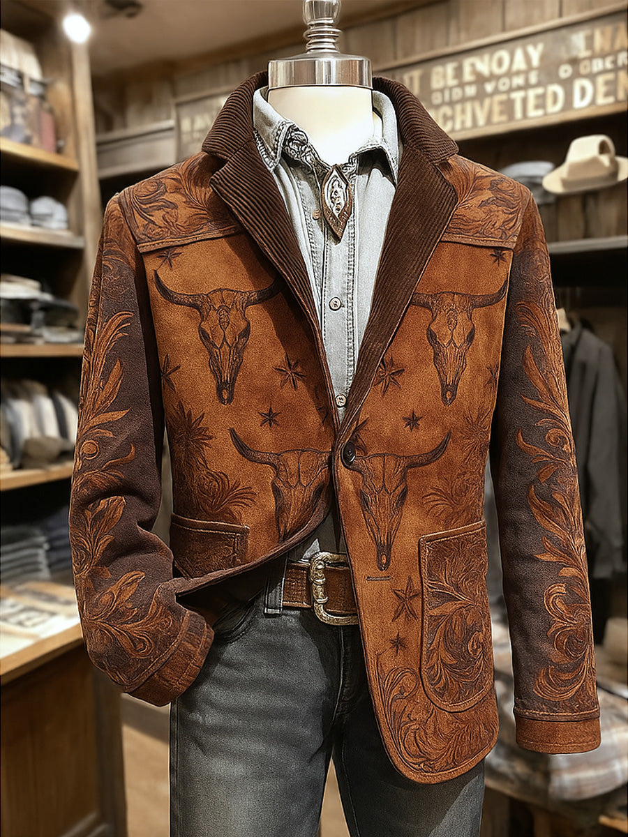 Men's Retro Western Art Print Casual Pocket Blazers