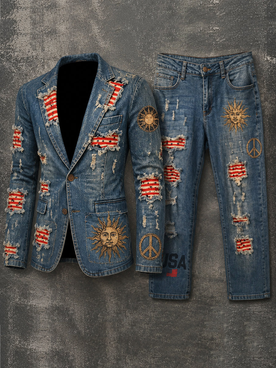 Men's Retro Style Art Print Casual Jacket Trousers Two-Piece Suits