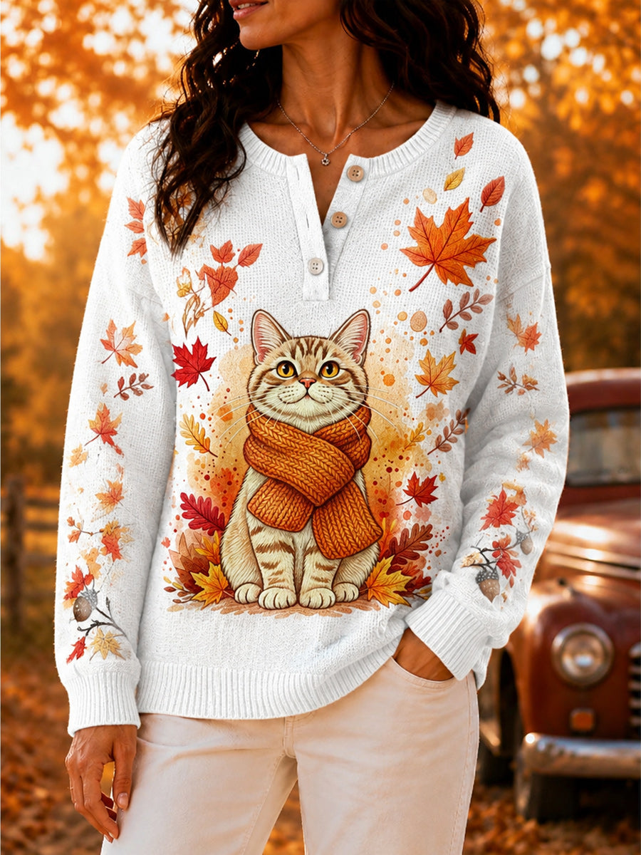 Women's Retro Autumn Art Print Knit Sweater