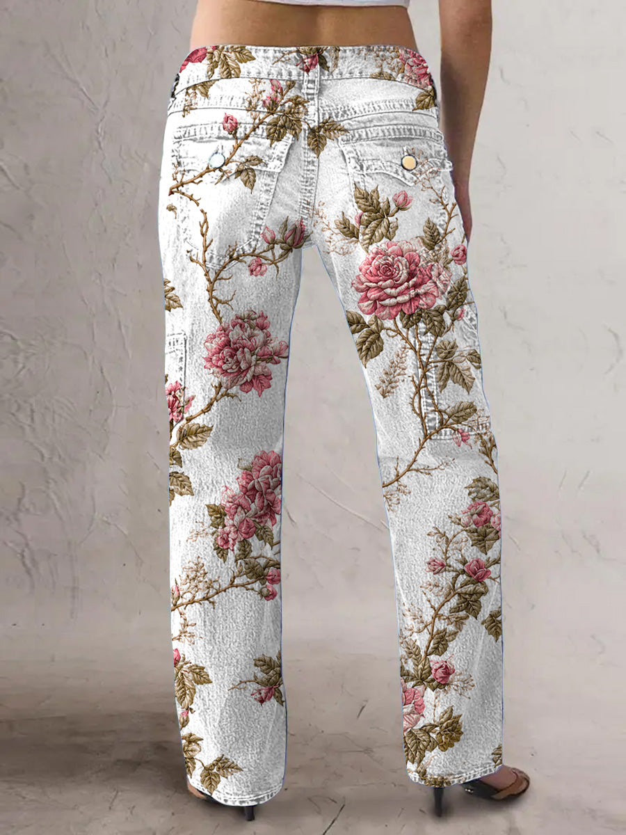 Women's Retro Style Art Print Casual Pocket Button Wide Leg Pants
