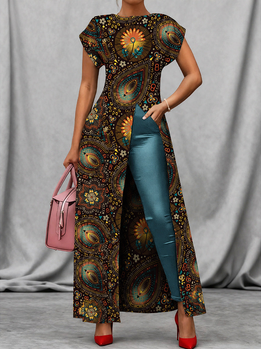 Retro Style Art Print Vintage Long Split Shirts Dress Skinny Pants Two-Piece Set