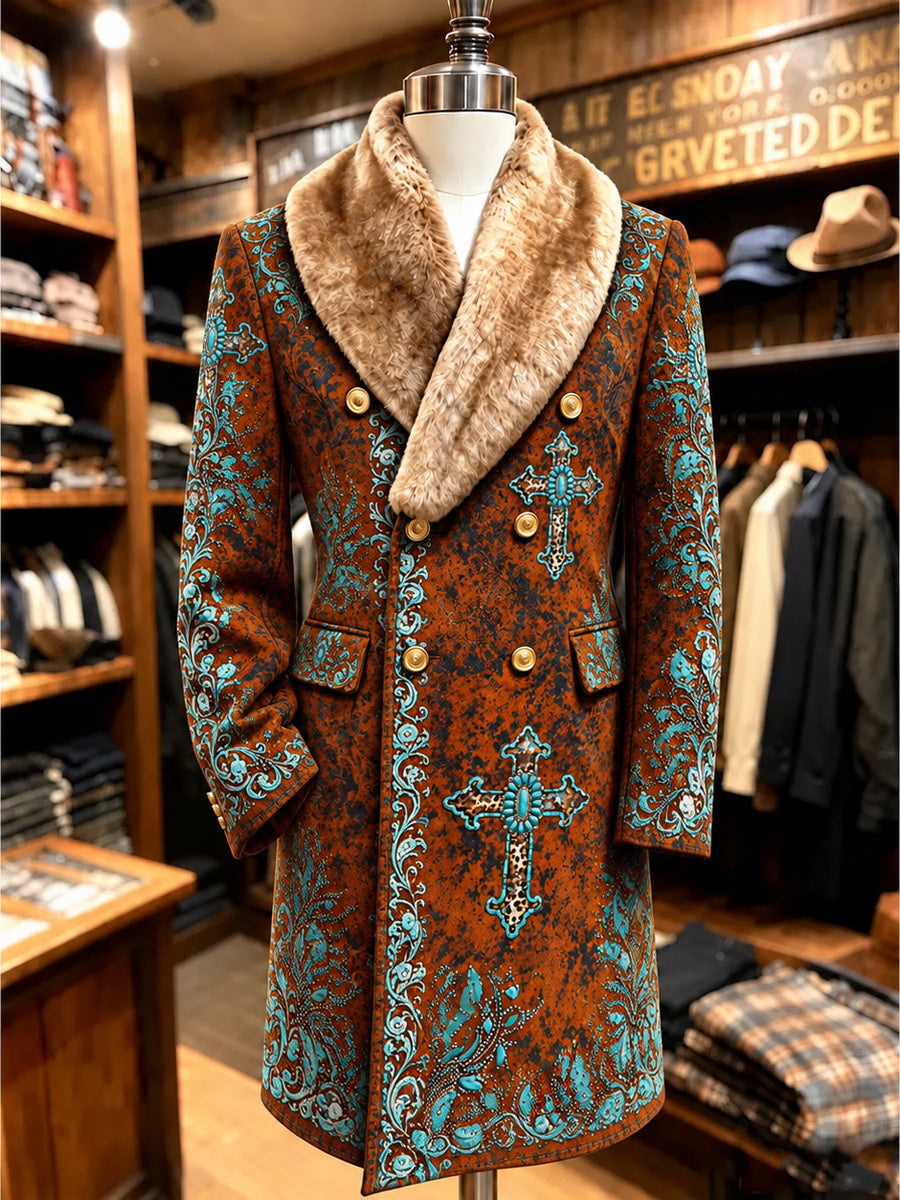 Men's Christmas Art Print Fur Shawl Collar Double Breasted Long Overcoat