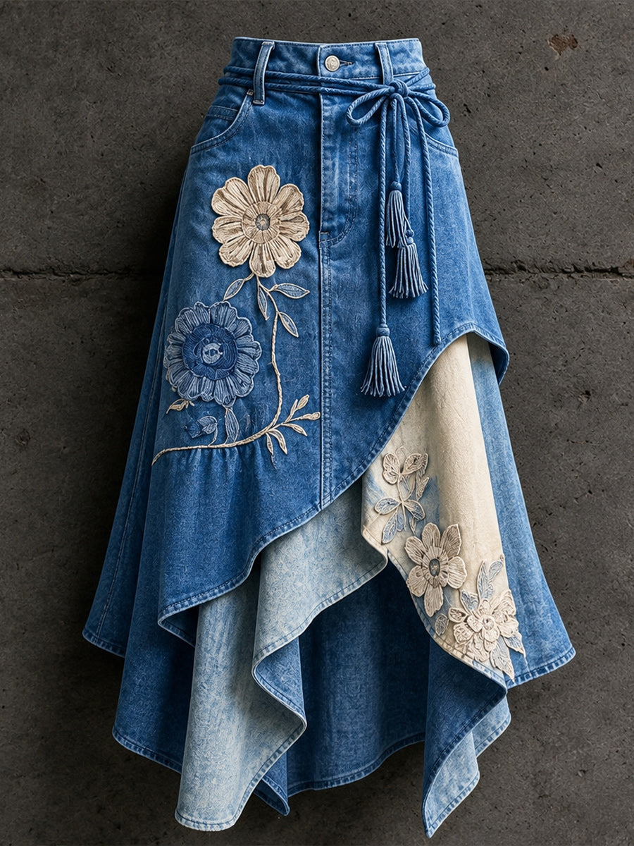 Women's Retro Style Art Print Irregularly Layered Stitched Skirt