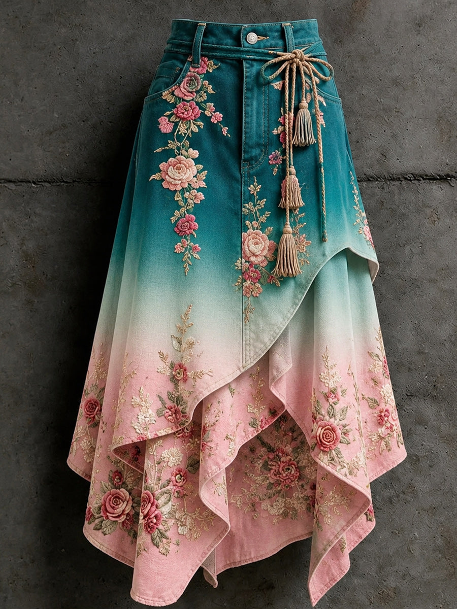Women's Retro Style Art Print Irregularly Layered Stitched Skirt