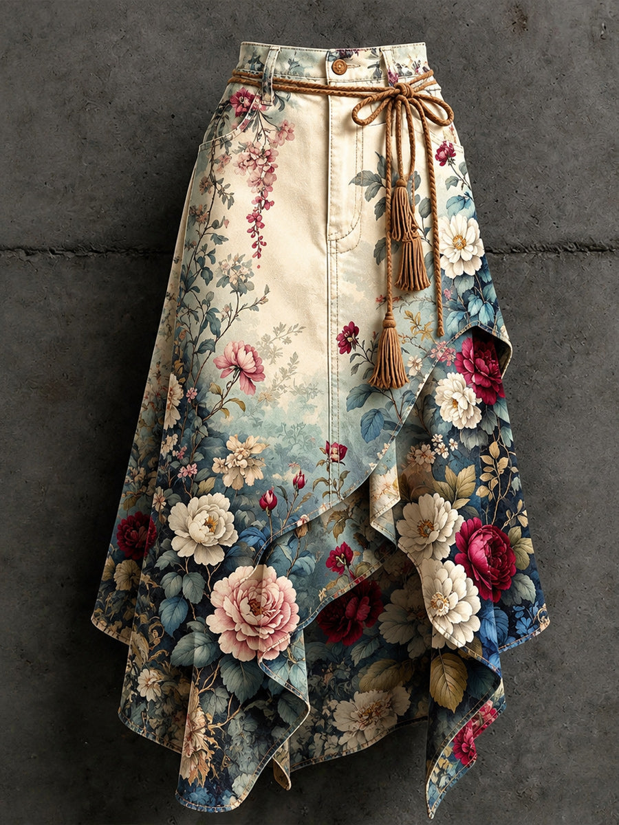 Women's Retro Style Art Print Irregularly Layered Stitched Skirt