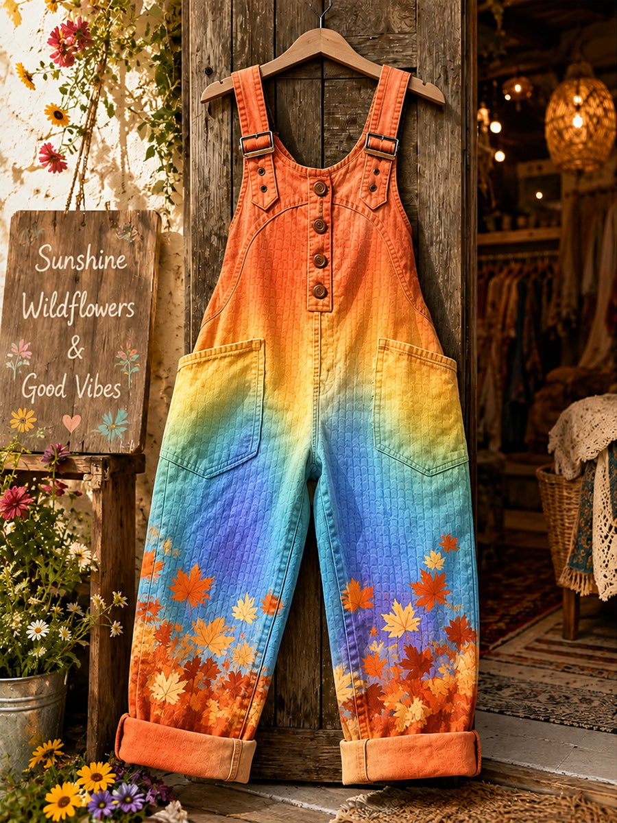 Women's Retro Style Art Print Washed Cotton Denim Patchwork Jumpsuit