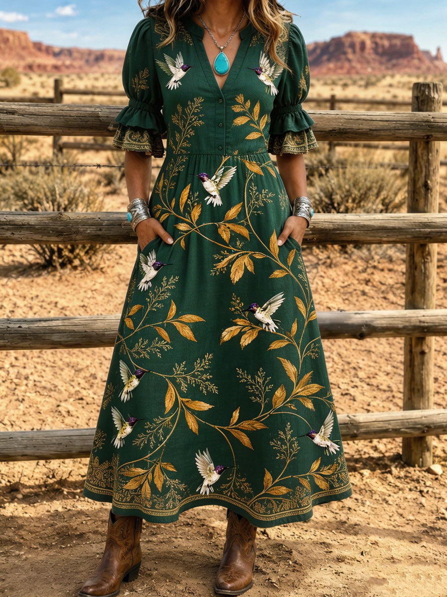 Women's Retro Hippy Art Print Washed Cotton Lace Patchwork Midi Dress