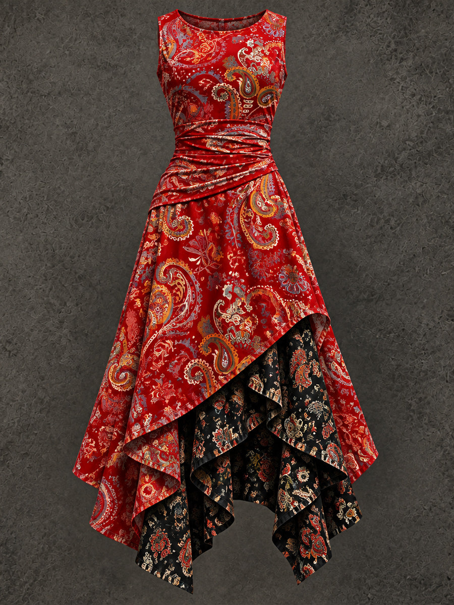 Retro Art Printed Vintage Sleeveless Irregularly Layered Stitched Midi Dress