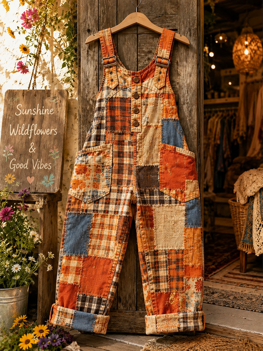 Women's Retro Style Art Print Washed Cotton Denim Patchwork Jumpsuit