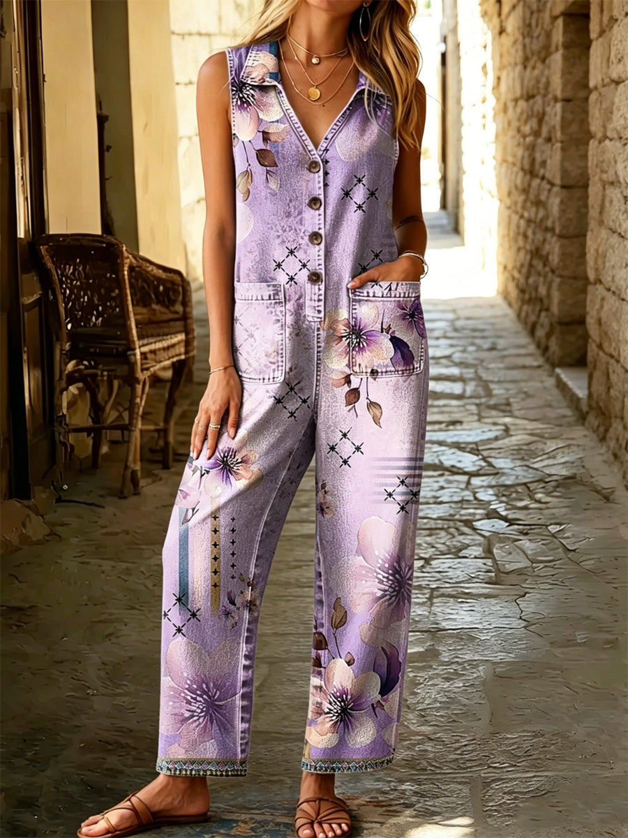 Women's Retro Floral Color-Blocked Art Print Washed Cotton Denim Sleeveless Patchwork Jumpsuit