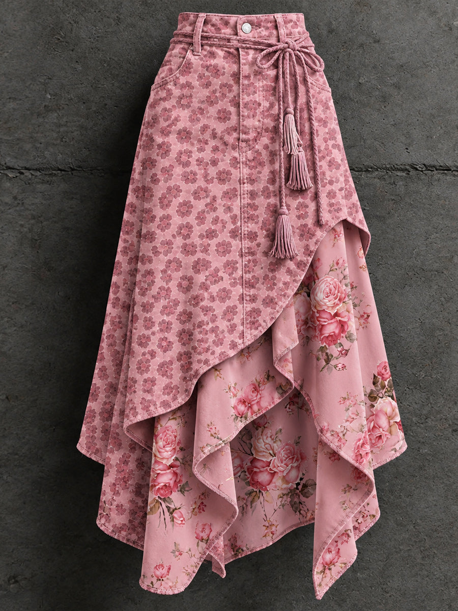 Women's Retro Style Art Print Irregularly Layered Stitched Skirt