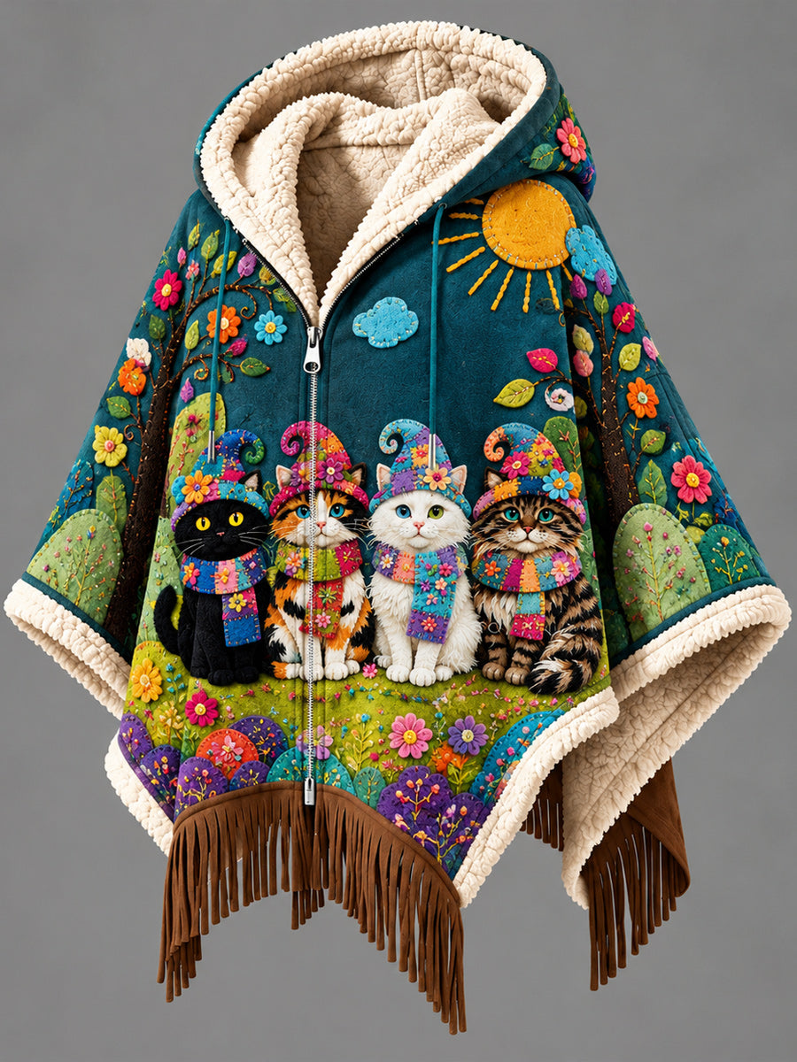 Women's Fall Winter Vintage Art Fleece-Lined Hooded Fringe Poncho