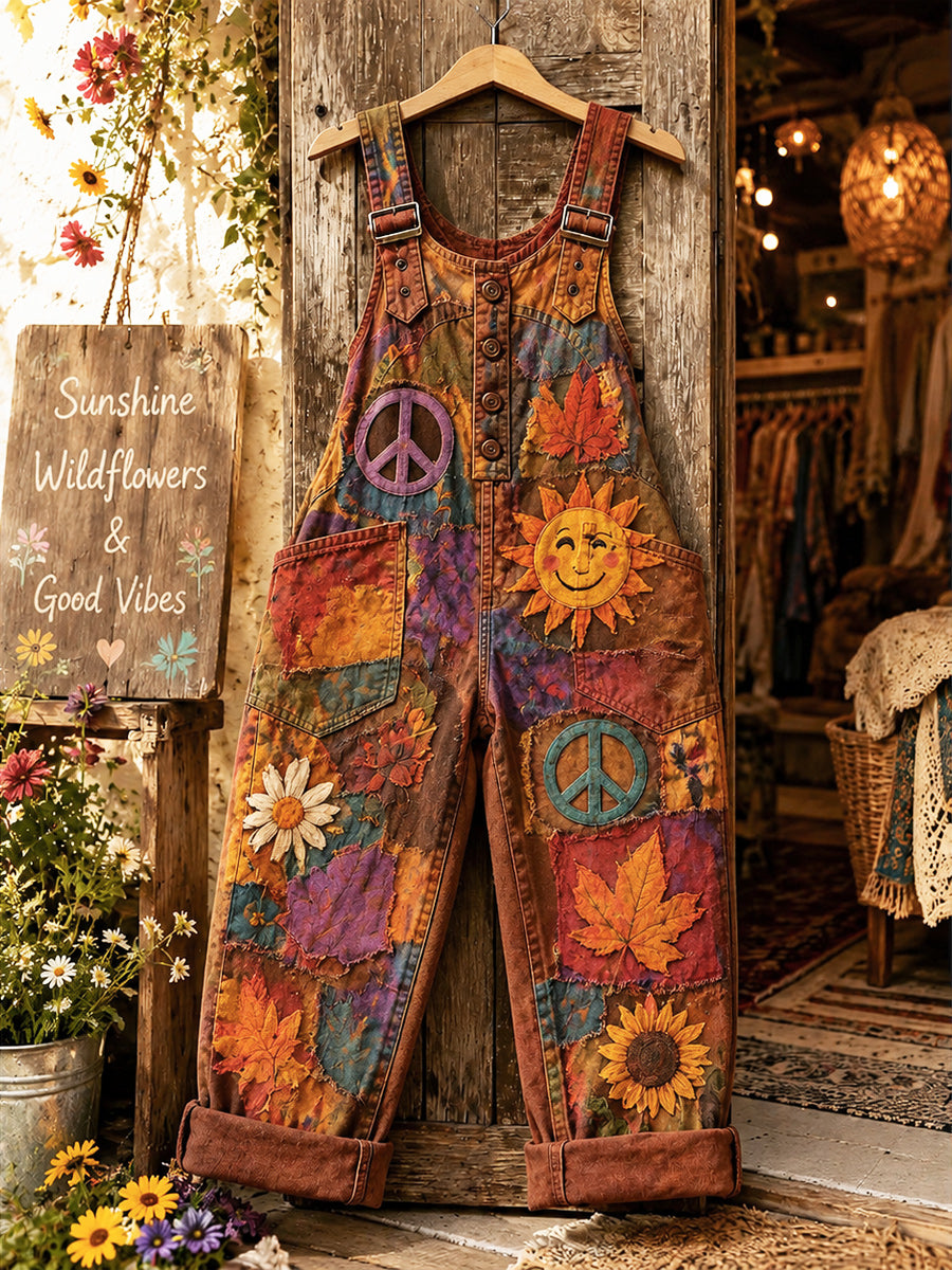 Women's Retro Style Art Print Washed Cotton Denim Patchwork Jumpsuit