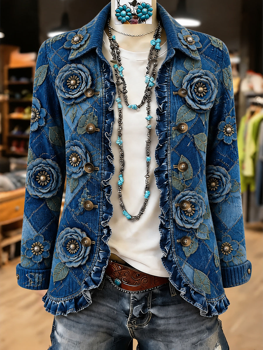 Women's Vintage Floral Art Print Casual Ruffled Shirt Jacket