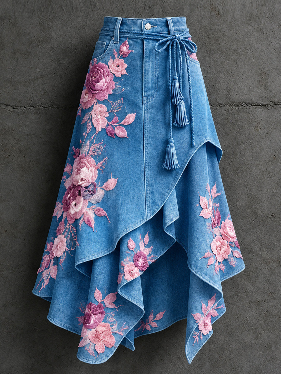 Women's Retro Style Art Print Irregularly Layered Stitched Skirt
