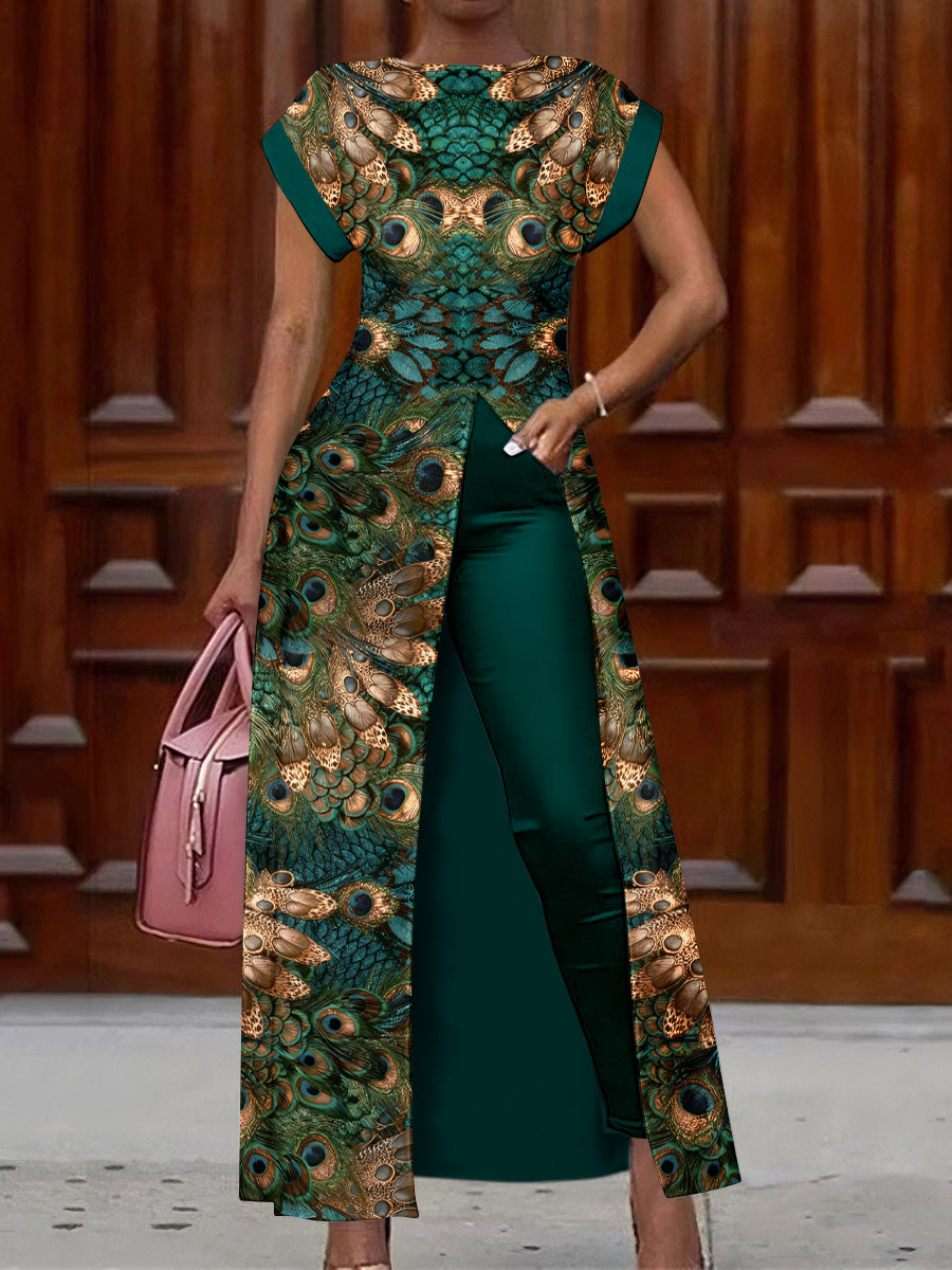 Retro Boho Floral Art Print Vintage Long Split Shirts Dress Skinny Pants Two-Piece Set