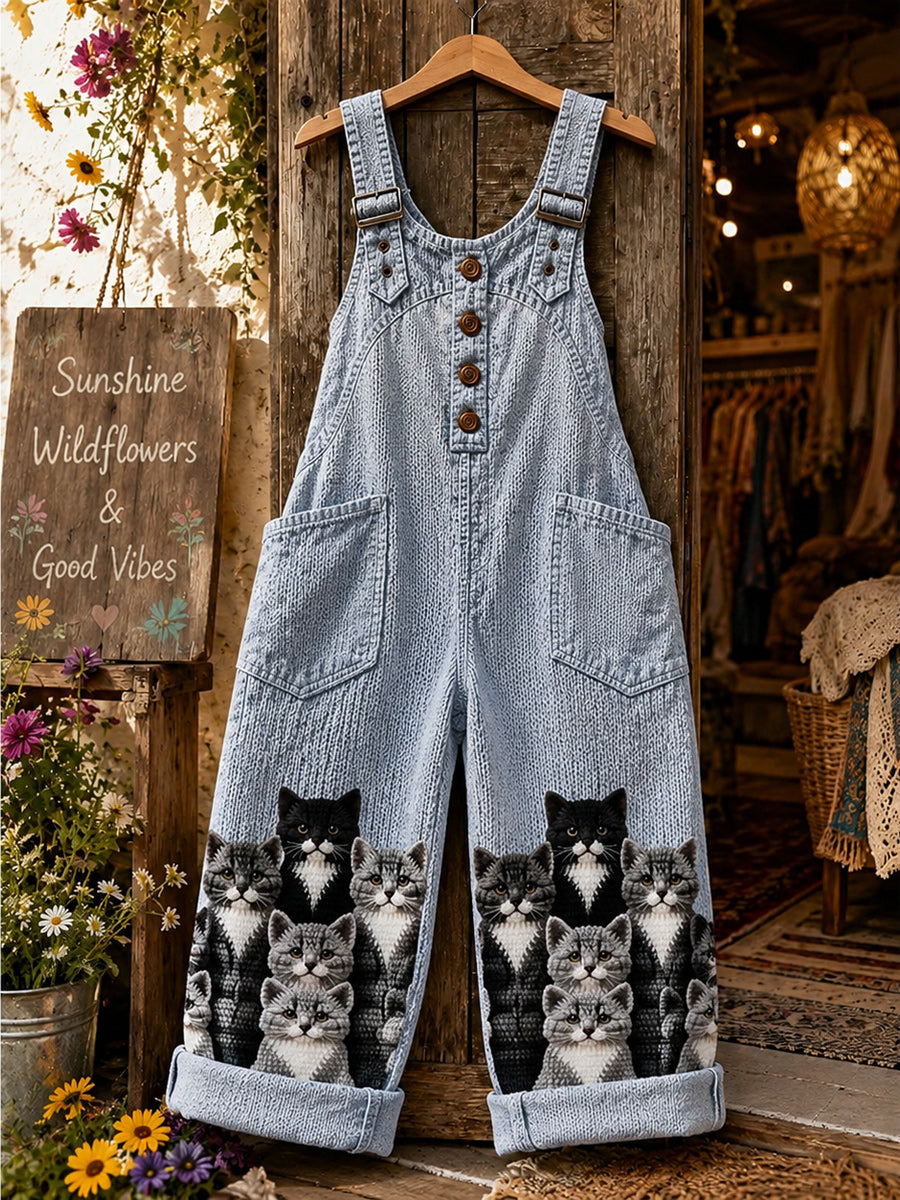 Women's Retro Style Art Print Washed Cotton Denim Patchwork Jumpsuit